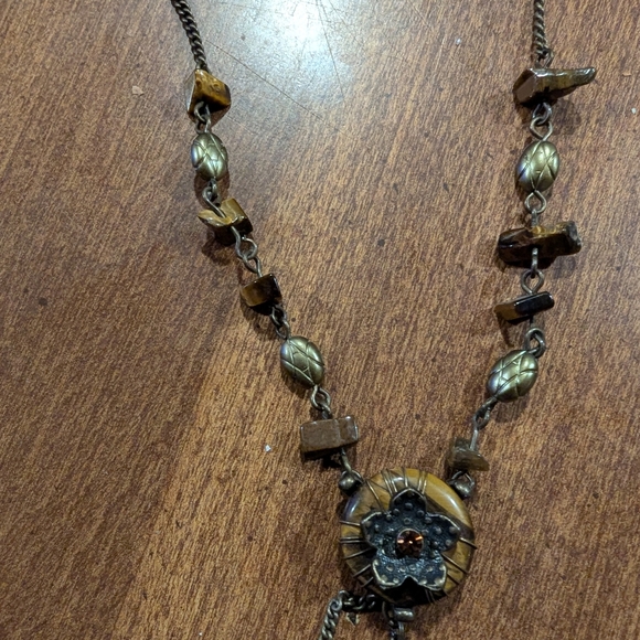 Vintage Brass & Tiger's Eye Flower Lariat Necklace 15.5" By Nancy and Rise - Picture 3 of 4